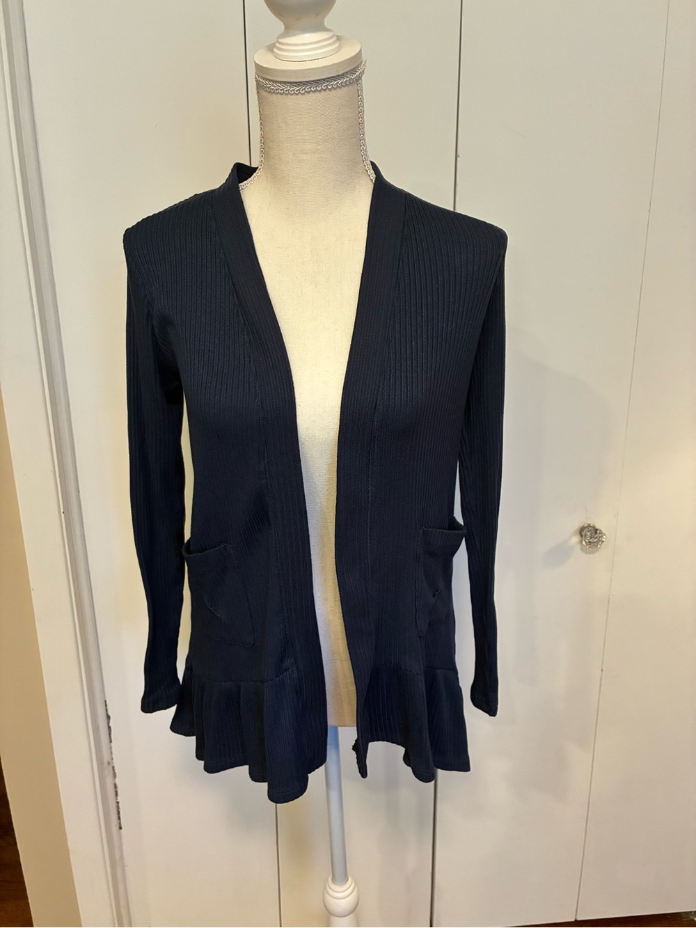 LC Lauren Conrad Navy Ribbed Open Cardigan with Ruffle Hem